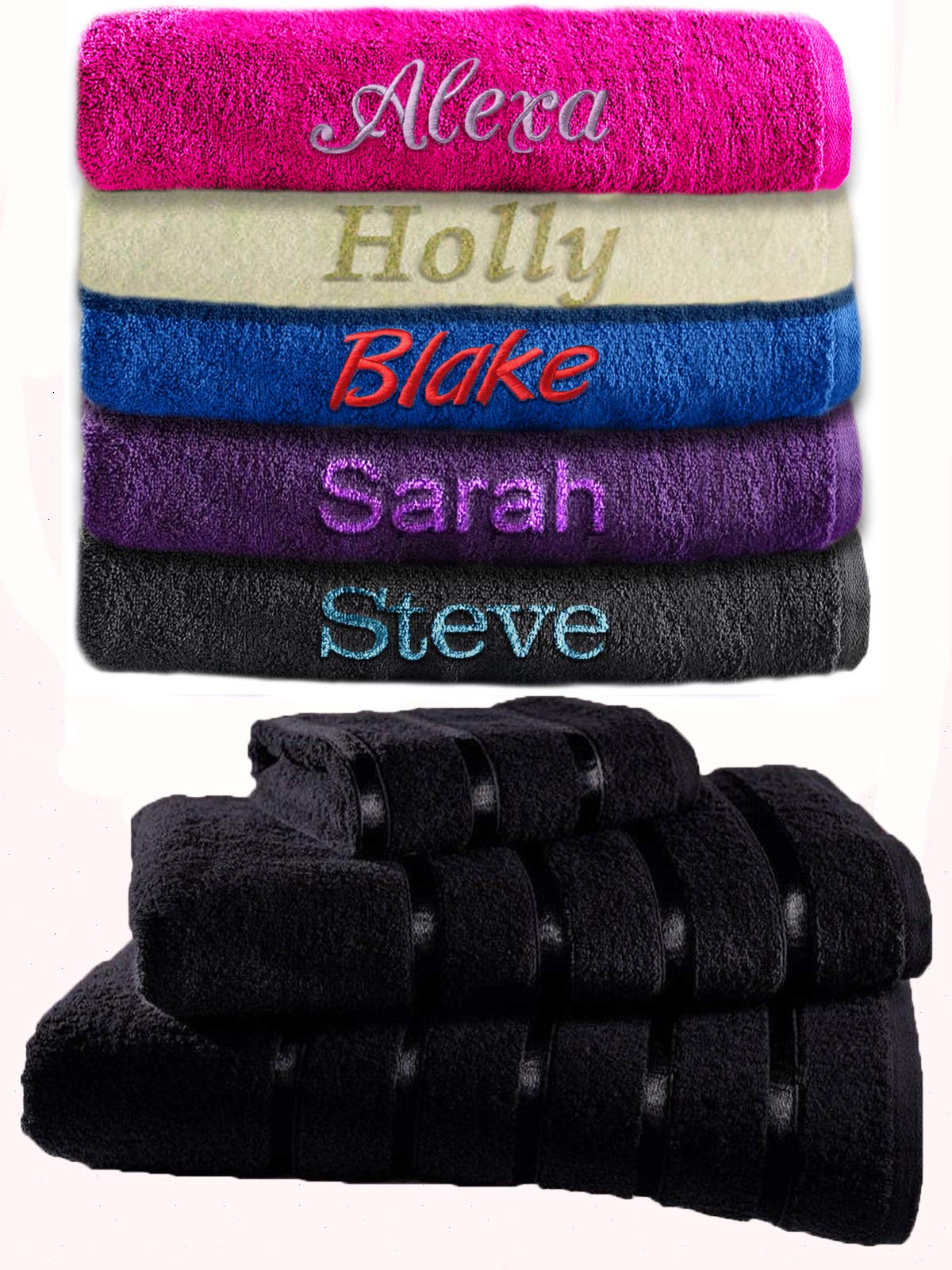 Kids Personalised Bath Towel Any Name Beautifully Embroidered On A 550gsm Towel. Perfect For Holiday, Swimming or Bathing. (Black, Bath Towel)