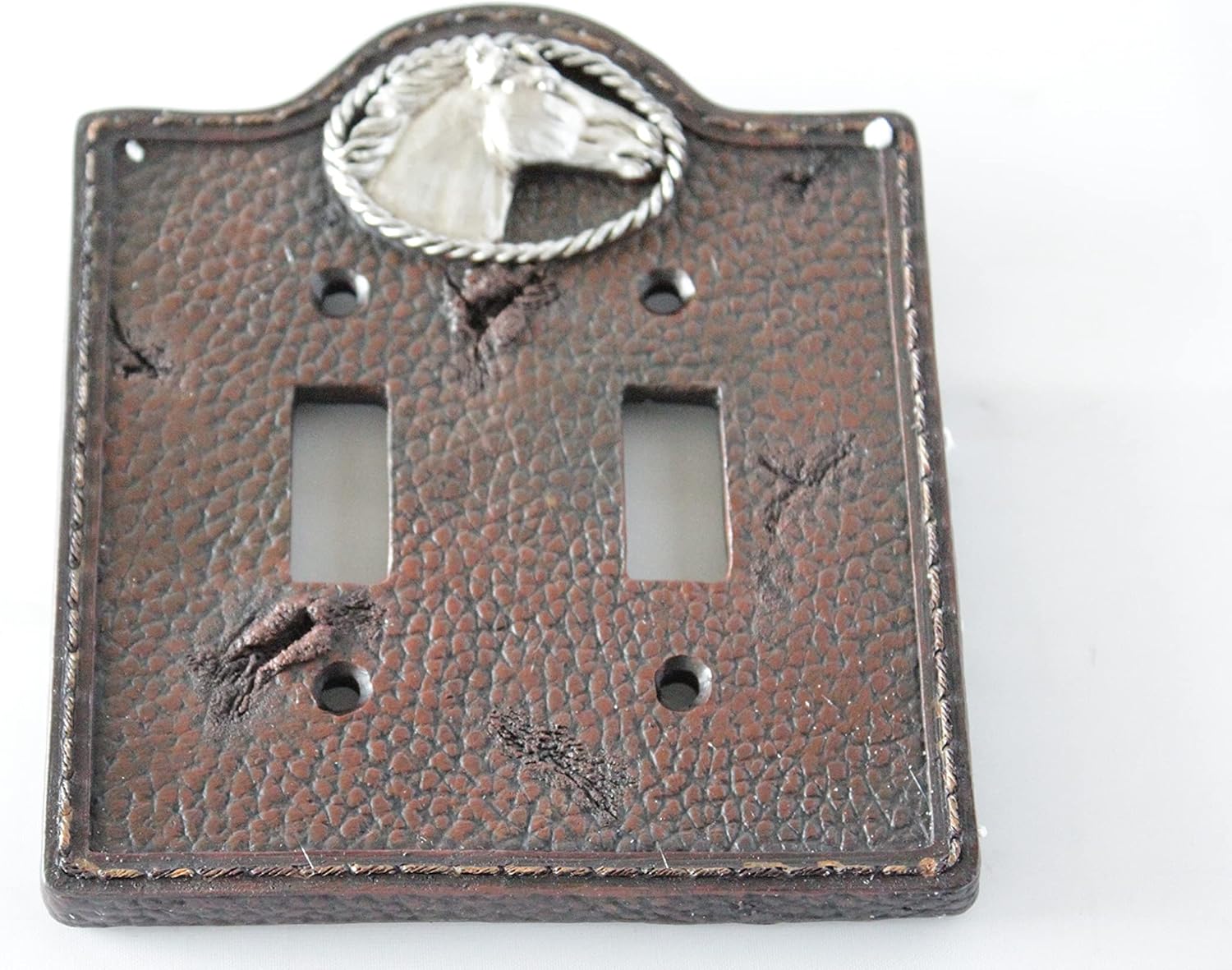 Rustic Western Silver Horse Head Light Double Switch Plate Cover Stitched Faux Leather Look Silver Rope