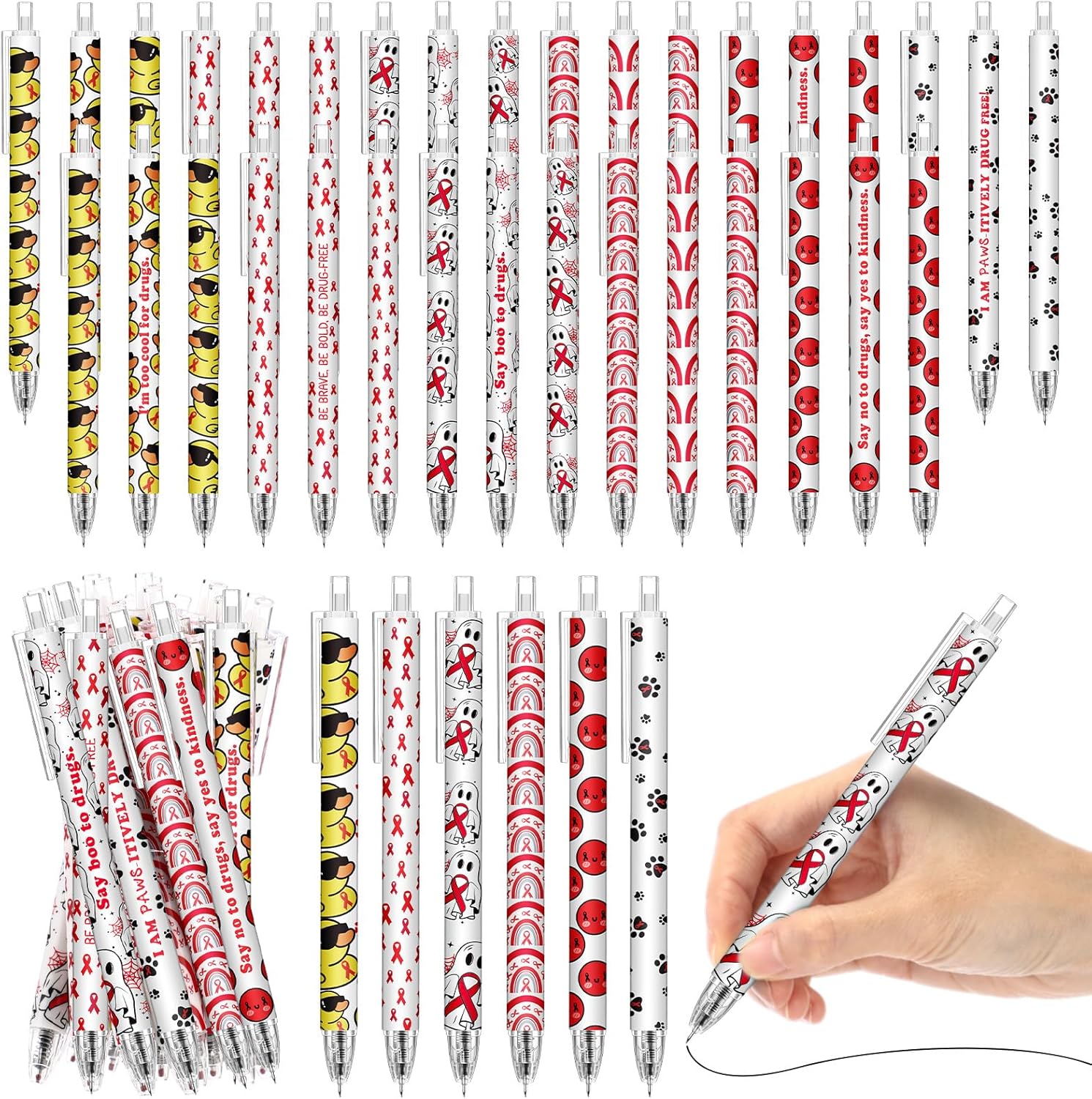 Sayglossy 150 Pcs Red Ribbon Week Ballpoint Pen Supplies Bulk Say No to Drugs Awareness Gift Drug Free AIDS/HIV Cancer Survivor Pen Accessories for Business Charity Party Favor Student Family Friend