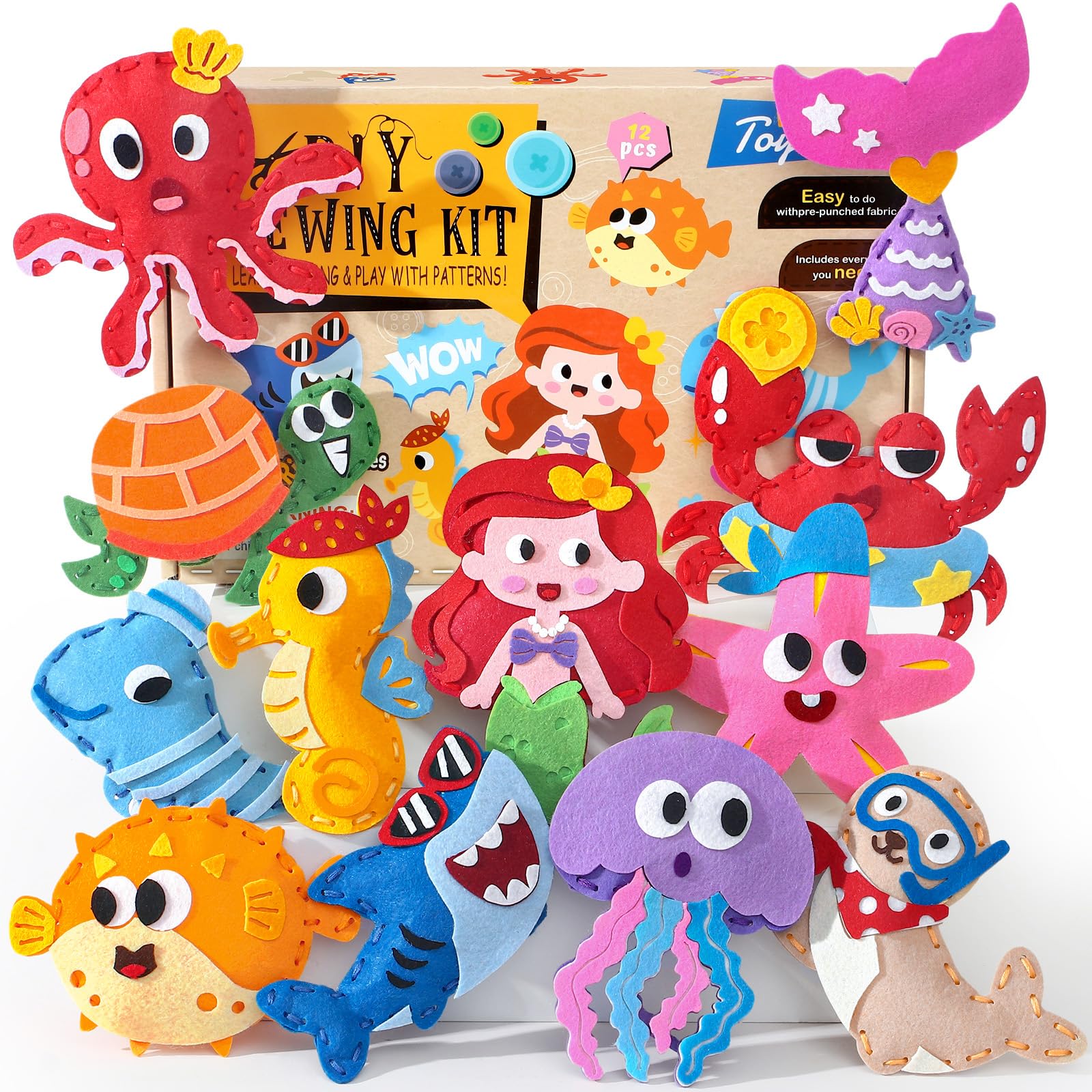 Toylink Kit Cucito in Fieltro per Bambini, Kit Lavoretti Creativi per Bambini con 12 Feltro & Fili da Ricamo & Aghi di Plastica, Fai Da Te Regalo Bambina Bambino 6 7 8 9 Anni