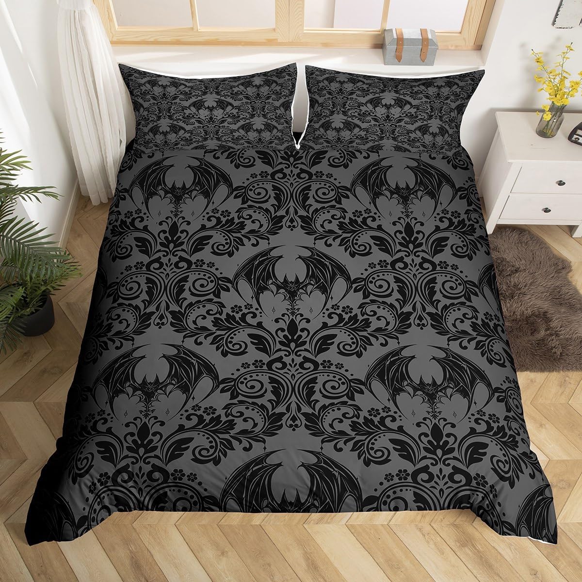 Feelyou Adults Gothic Comforter Cover Queen Size Dark Olive Green Damask Duvet Cover Bat Bohemia Boho Bedding Set Goth Vintage Victorian Baroque Floral Bedclothes,No Stuffing
