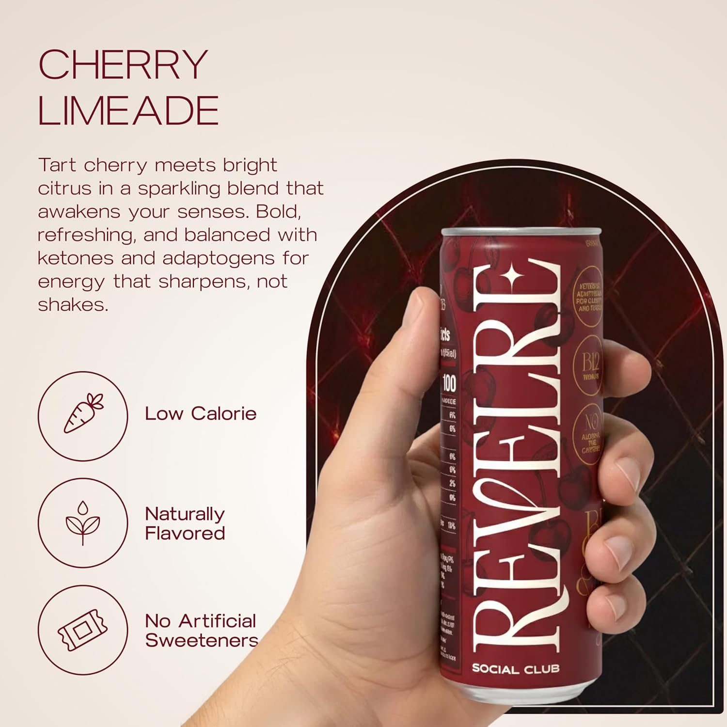 Revelre - Non-Alcoholic Mocktails with Adaptogens & Ketones, Clean Energy, Focus and Calming Ingredients - Magnesium, B12, Reishi & Cordyceps Mushrooms - Cherry Limeade, 12 oz (8 Pack)