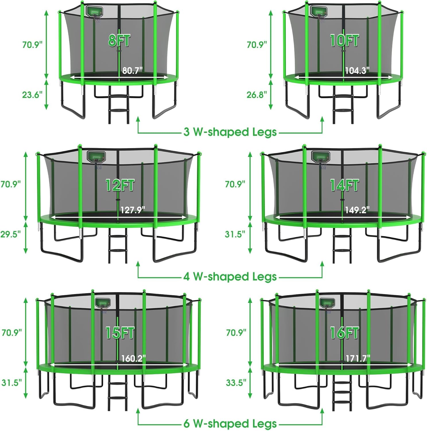YORIN 1500LBS 8 10 12 14 15 16FT for Kids Adults, No-Gap Design w/Basketball Hoop, Widened Ladder, Waterproof Lights, Heavy Duty Recreational -ASTM Approved