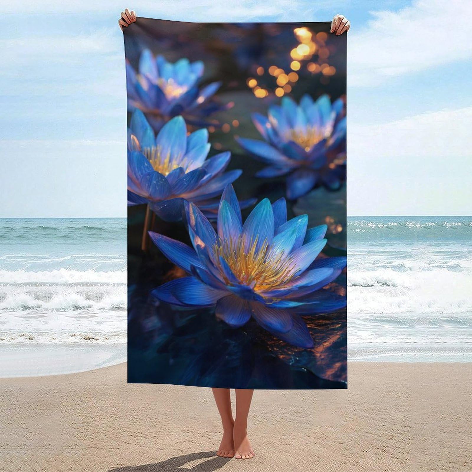 asbwuo Glowing Blue Lotus Flowers Floating on Water Beach Towel