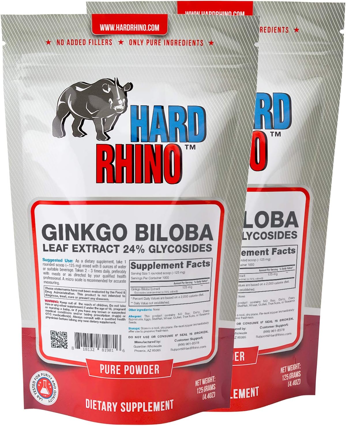Hard Rhino Ginkgo Biloba Leaf 24% Glycosides Extract Powder, 250 Grams (8.8 Oz), Unflavored, Lab-Tested, Scoop Included