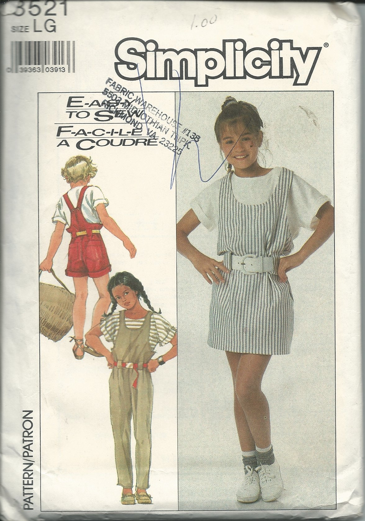 Patron Simplicity 8521 de salopette et top pour fille en taille L