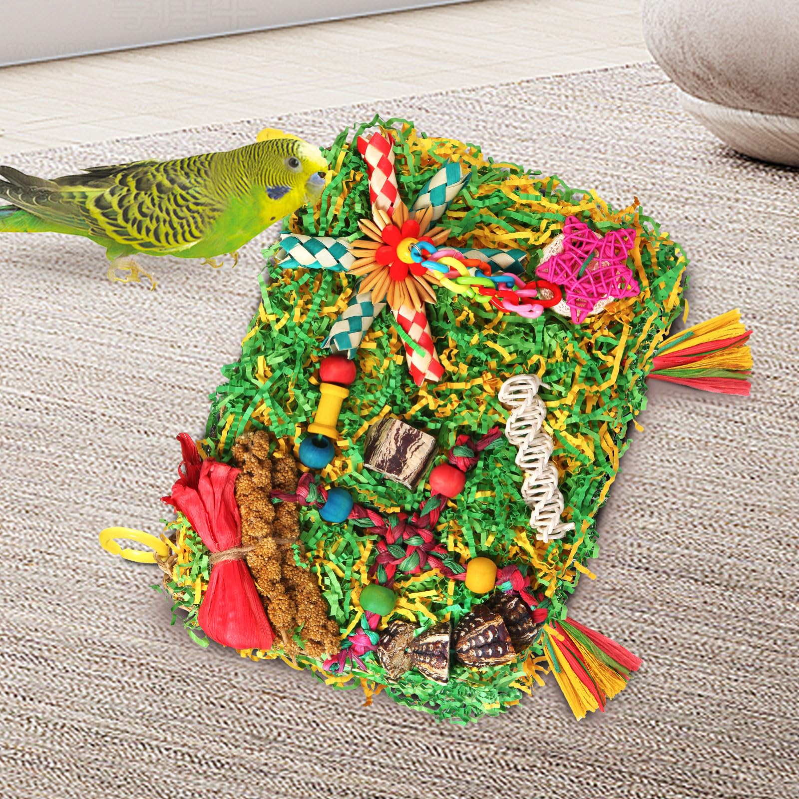Bird Toys Parakeet Toys,Large-Sized Parrot Foraging & Shredding Cage Hanging Toys with Seagrass Mat for Budgies,Cockatiels,Lovebirds,Conures Small & Medium Parrots (Colorful with Starfruit (1PCS)) - image 7