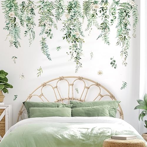decalmile Calcomanías de pared grandes para colgar vides, plantas verdes, hojas tropicales, flores, calcomanías de pared para dormitorio, sala de