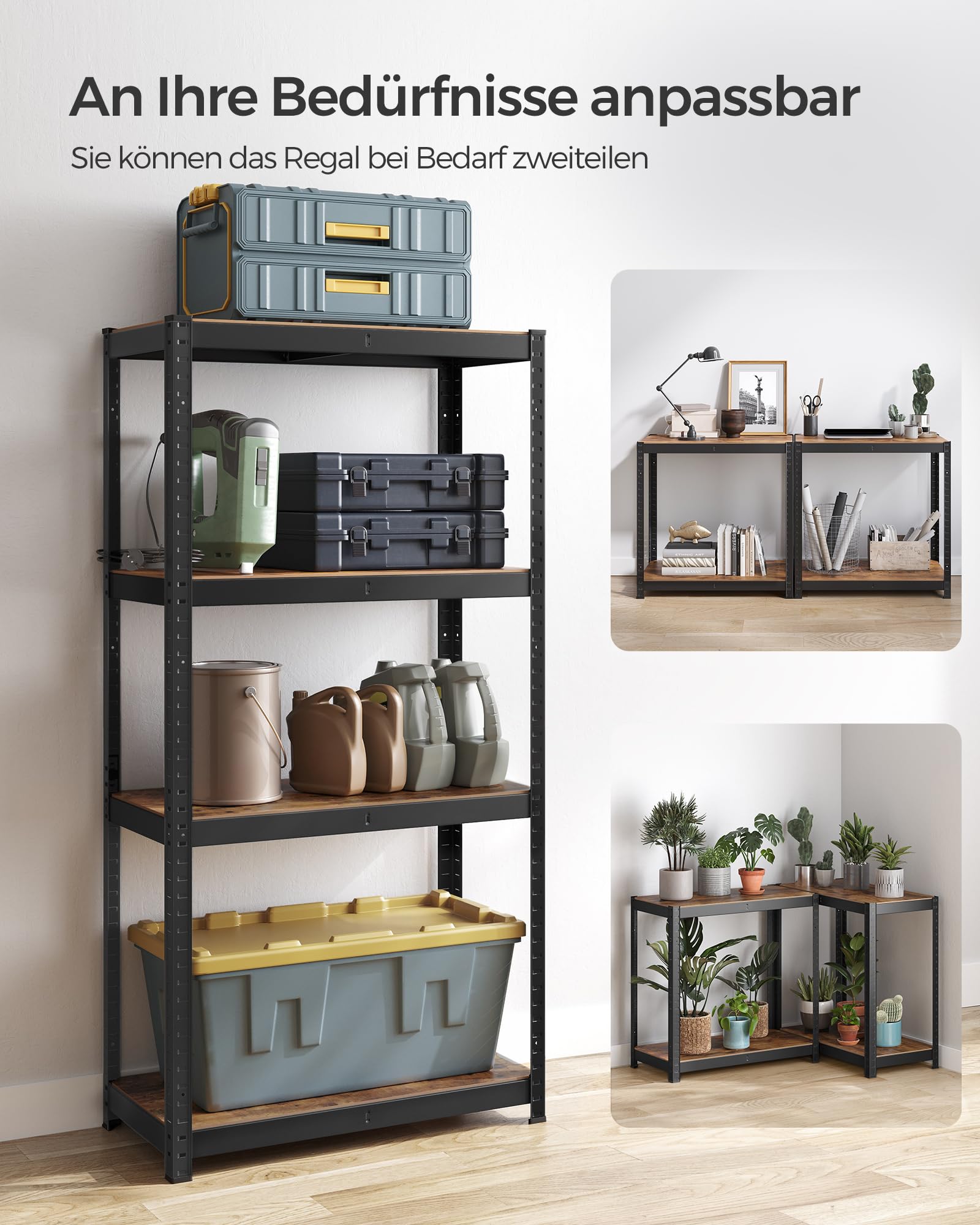 SONGMICS Standregal, Bücherregal, Lagerregal, 4 Ablagen, verstellbar, 40 x 80 x 160 cm, bis 520 kg belastbar, für Küche, Wohnzimmer, vintagebraun-schwarz GLR044B11