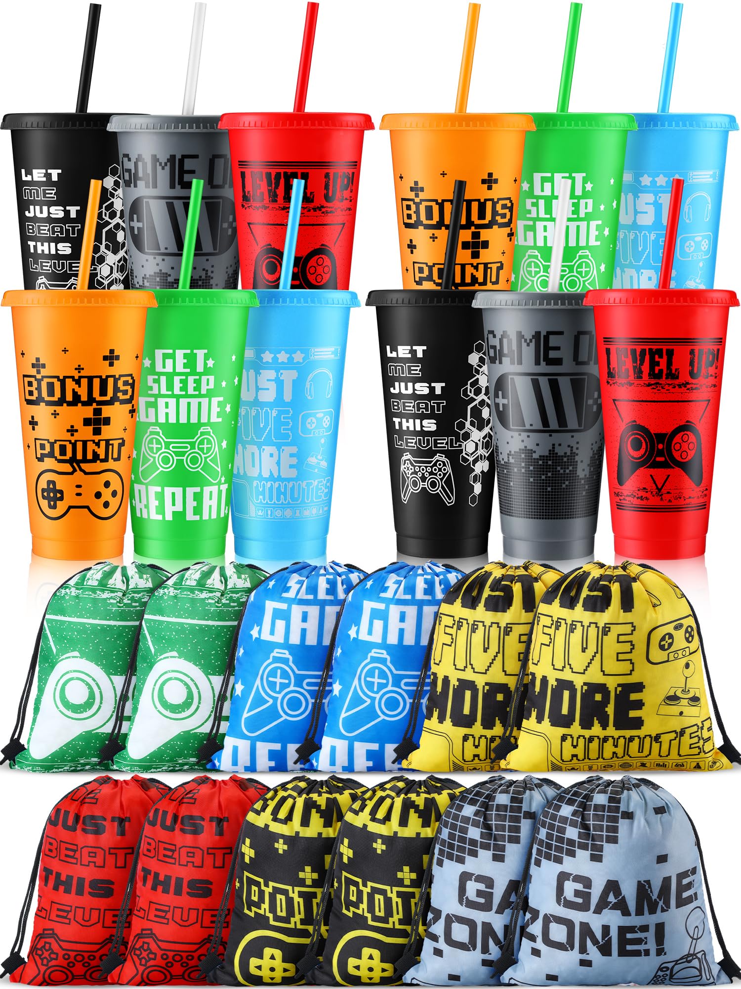 Mifoci Juego de 24 vasos de plástico para videojuegos con tapas y popotes con mochila con cordón para videojuegos, vaso reutilizable de 24 onzas con tapa y popote con bolsa con cordón para fiestas de