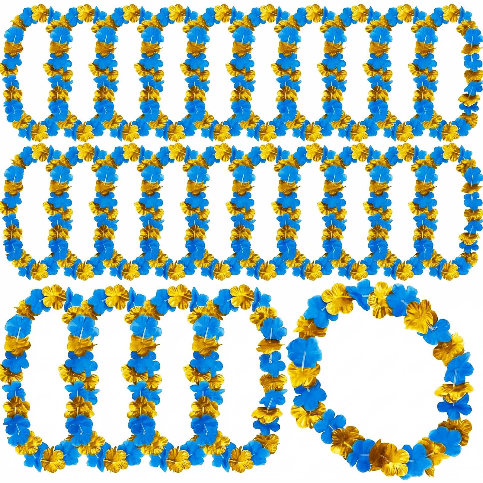 Photo 1 of Giegxin 24 Count Hawaiian Themed Leis Bulk Tropical Hawaiian Night Flower Leis for Luau Party Summer Beach Hibiscus Flower Necklace Party Supplies for Men Woman Decorations(Blue Gold)