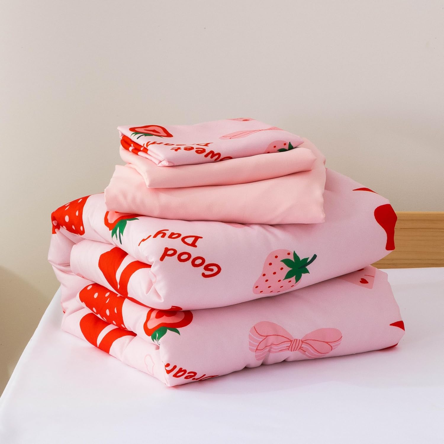 Btargot 4 Pieces Ultra Soft Toddler Bedding Set, Cartoon Strawberries Bow Tie Pattern Comforter Sets for Baby Girls Kids, Blush