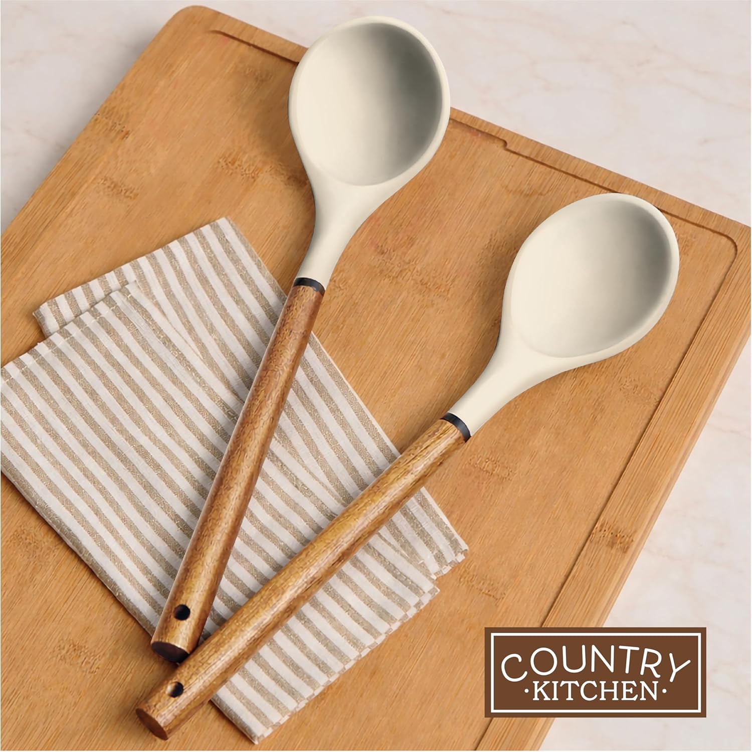 Country Kitchen Non Stick Silicone Utensil Set with Rounded Wood Handles for Cooking and Baking, 8 Piece Set, Khaki