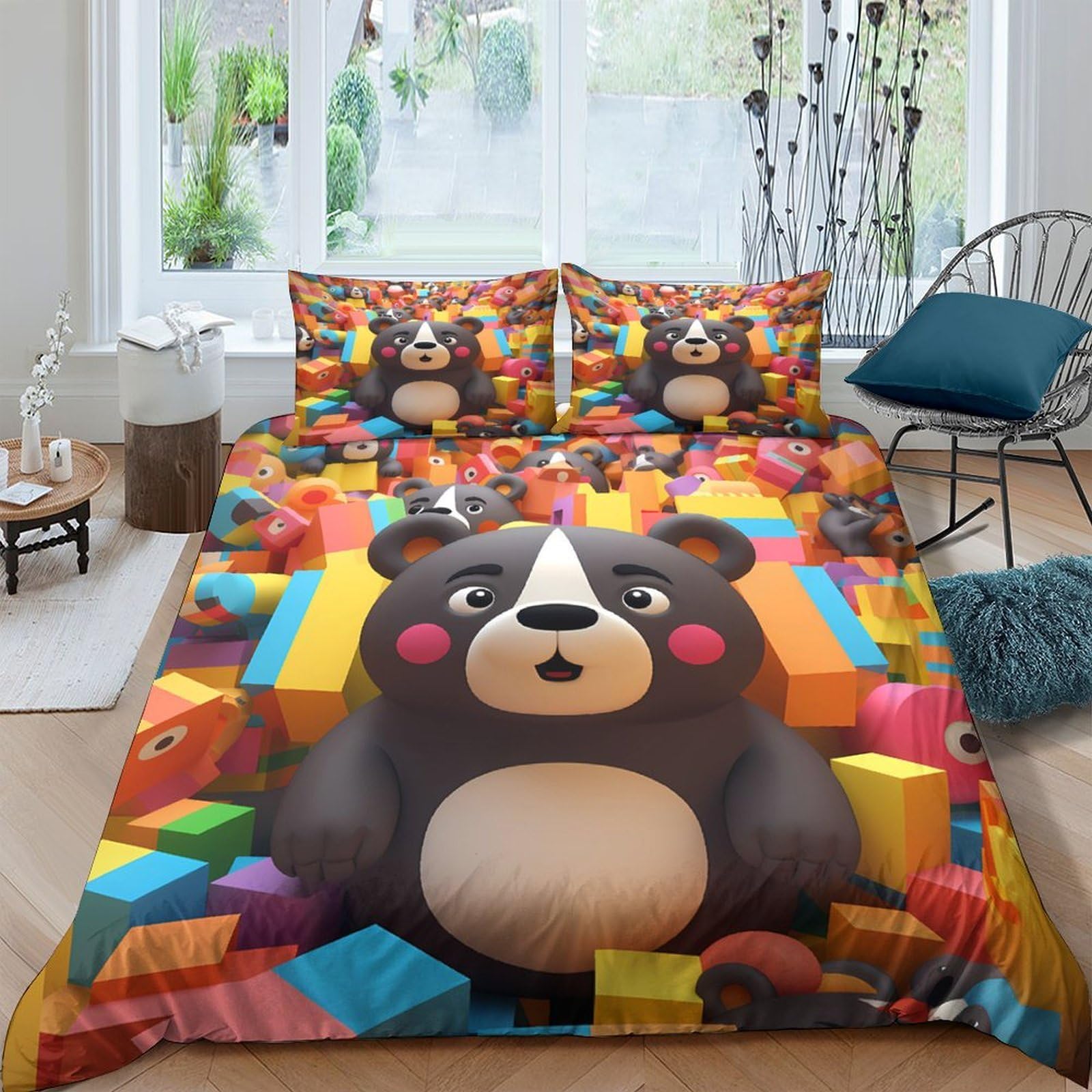 XFKLYNVCJ 3D Printed Cartoon bear Duvet Cover Polyester Colorful toy design Quilt Cover Stain Resistant Easy Care for Uni Student Shared Apartment Bedroom Daily Use Single（140x200cm）
