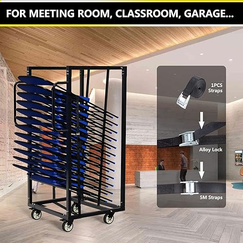 Miniatura 8 de Carrito de silla plegable, silla plegable con apilamiento en ángulo y capacidad de 300 libras para 16 sillas plegables, silla de construcción