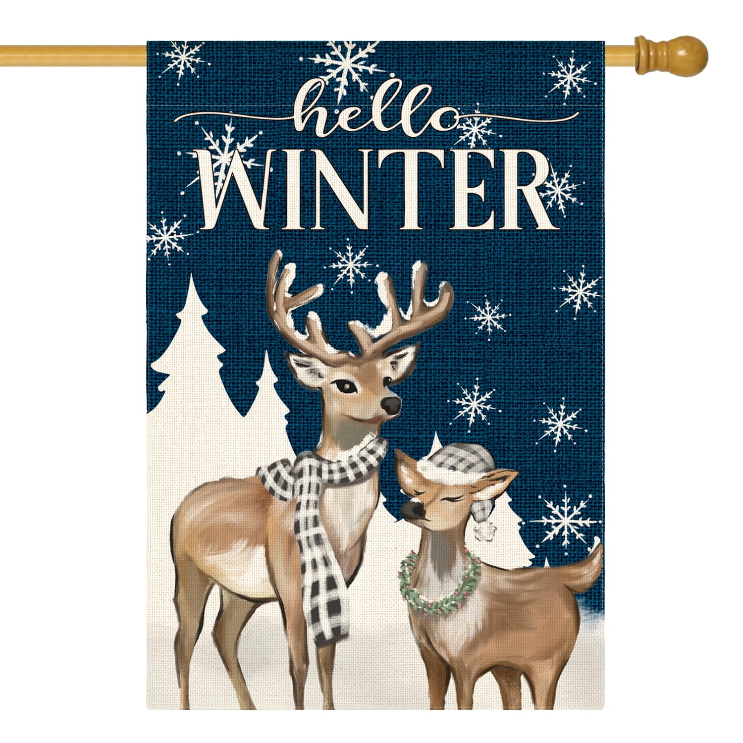 Drapeau de maison Hello Winter grand format double face motif renne et flocons de neige