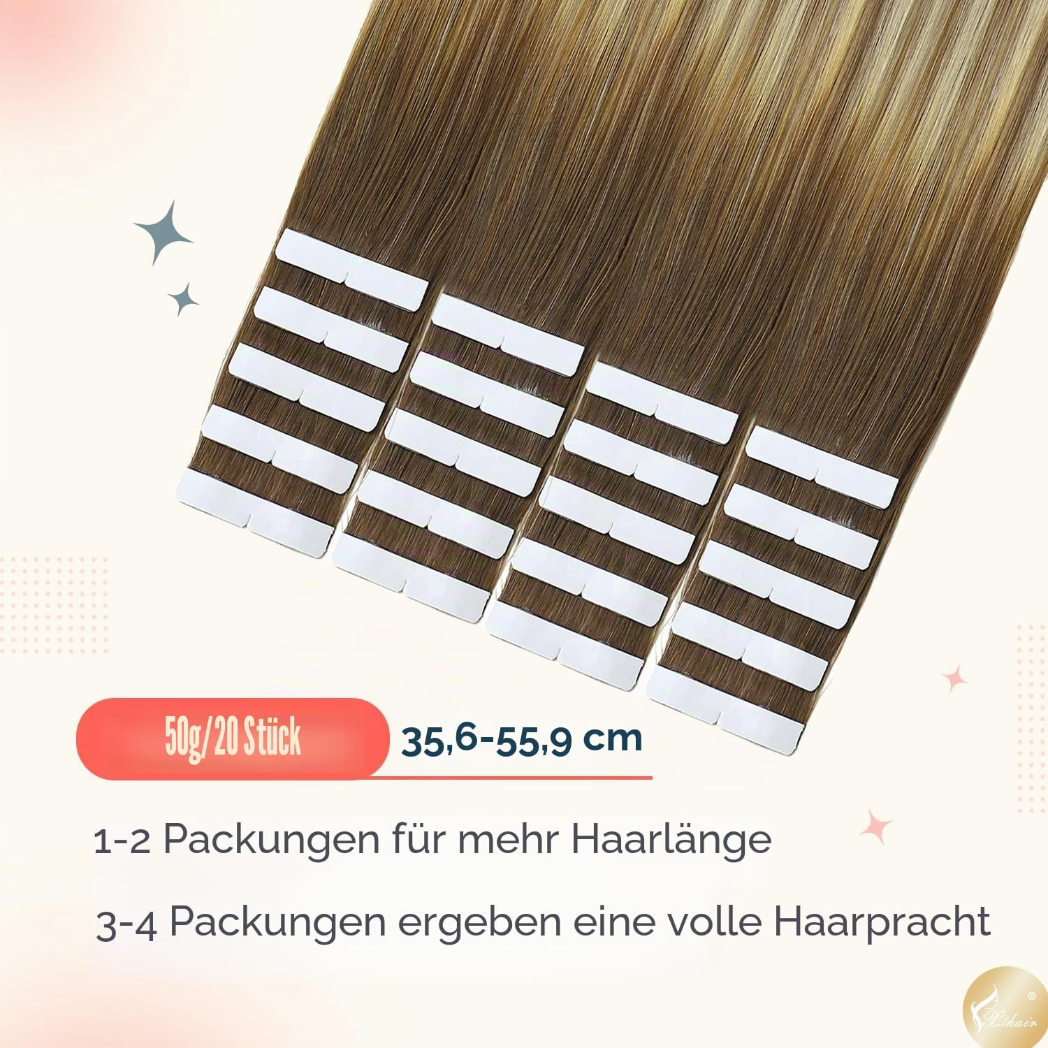XDhair Tape Extensions Echthaar Walnuss Braun bis Ash Braun and Goldblond | 50cm 20pcs 50g,Extensions Echthaar,Invisible Remy Tape in Echthaar Extension in der Farbe #3/8/22
