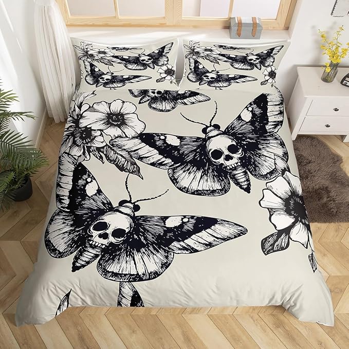 Skull Comforter Cover Set King Size Moth Printed Gothic Style Duvet Cover For Teen Boys Kids Sugar Skull Pattern Botanical Floral Decor Gray White Black Soft Microfiber Bedding Set With Zipper Ties