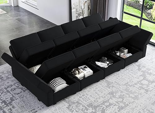 Miniatura 30 de Belffin - Sofá cama modular con otomanas, de terciopelo, reversible y con asiento con almacenamiento, color verde, forma de L-1 Negro