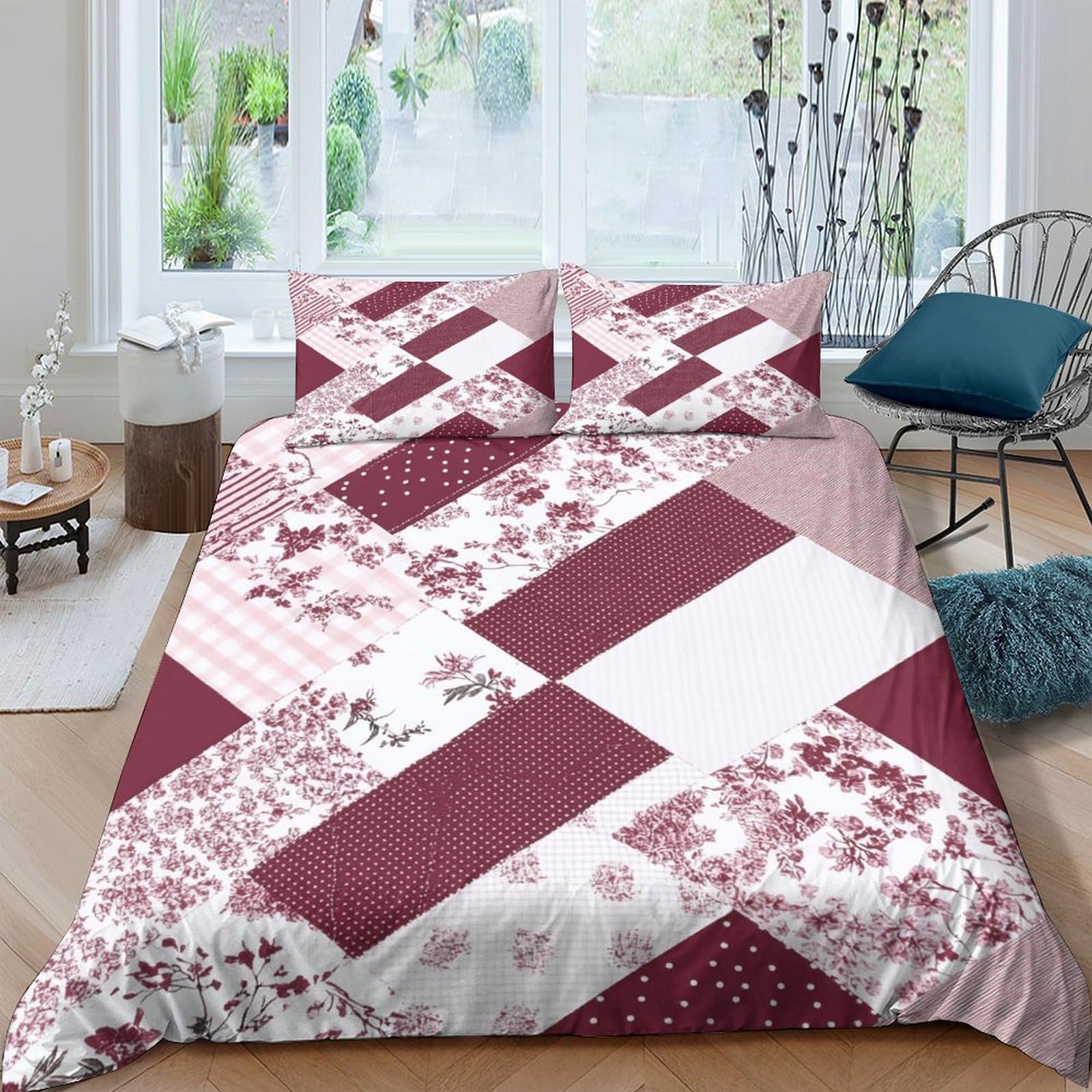 Ctjqhvkz Style-1 3D Printed Burgundy Patchwork Fitted Sheet Microfiber Breathable Floral Geometric Bed Cover For Bedroom Dorm Mattress Protection Decor Single（135X200cm）