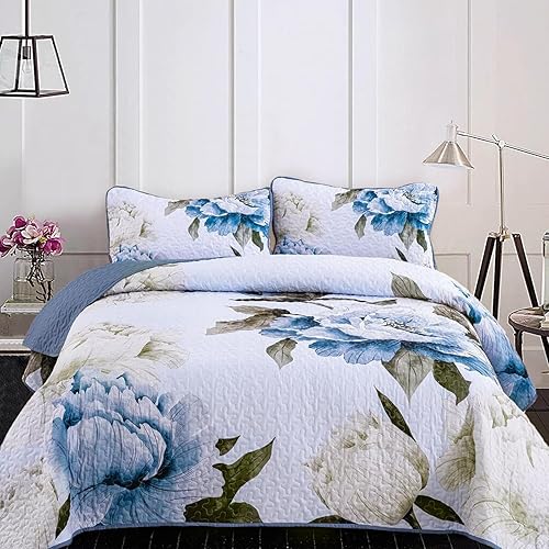 Mybedsoul Juego de edredón floral bohemio de 3 piezas con estampado de flores azules con 2 fundas de almohada, juego de ropa de cama de microfibra