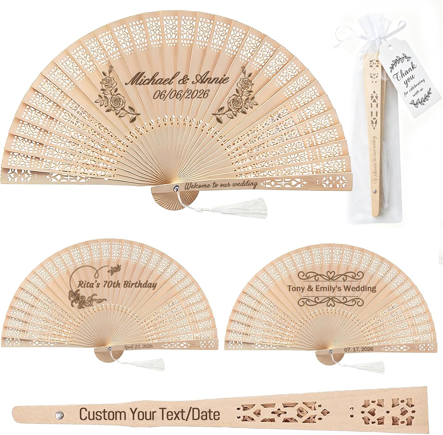 Personalized Fans for Wedding Guests Custom Wooden Folding Hand Fan Bulk Wedding Favors for Guests with Organza Bags Tassels Birthday Party Favors (20)