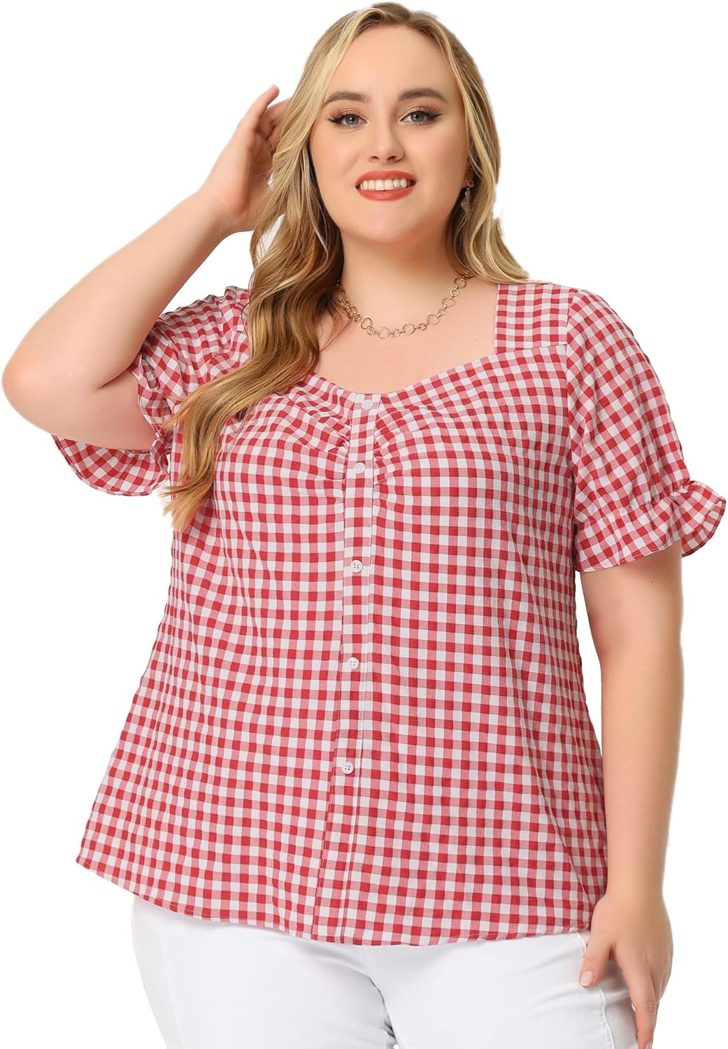 Agnes Orinda Women's Plus Size Gingham Tops 1950s Sweetheart Neck Flounce Sleeve Summer Blouse Top - Image 3