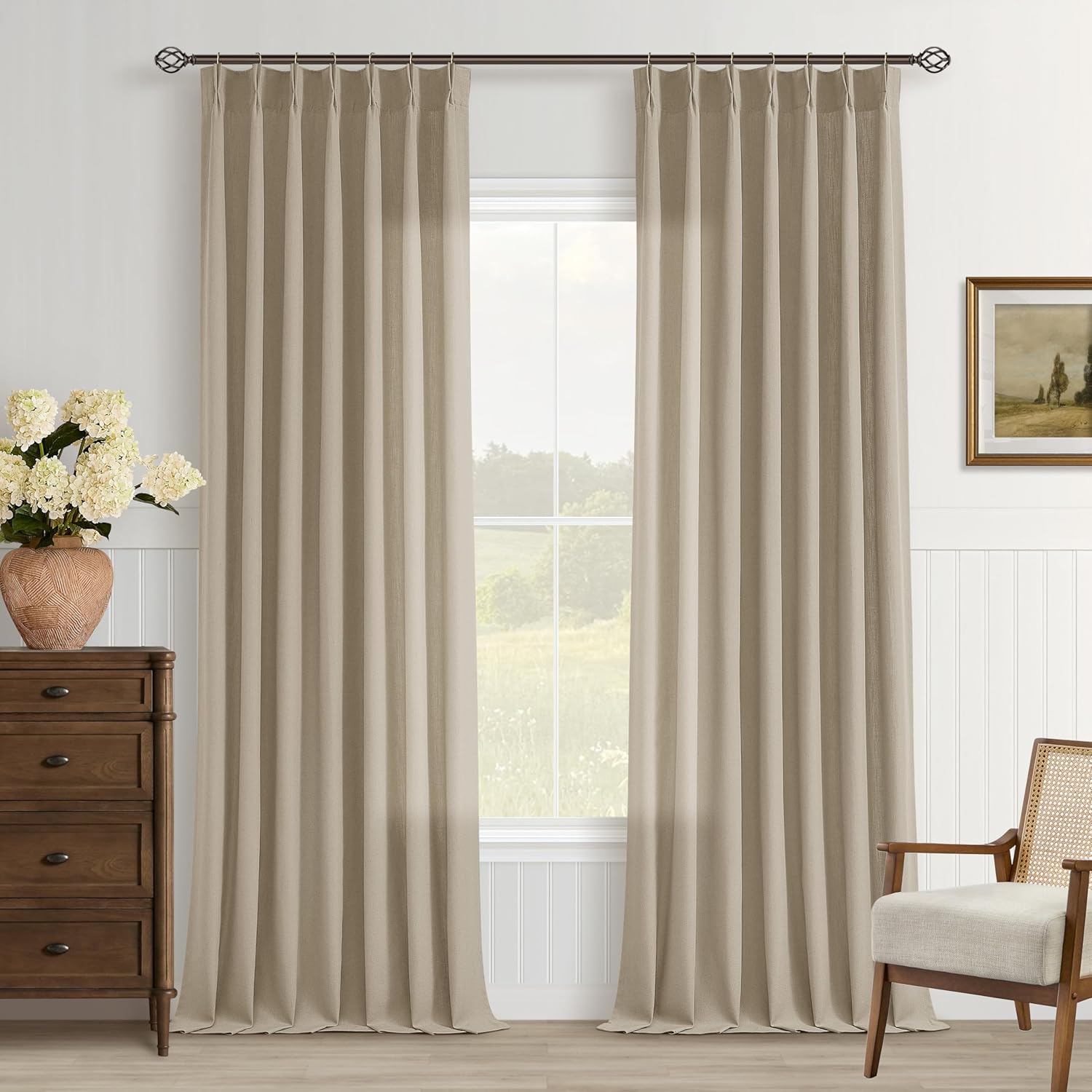 Pinch Pleated Flax Linen Curtains 96 Inches Long for Living Room Bedroom Dining Pinch Pleat Hooks Rings for Track Back Tab Light Filtering Tan Khaki Farmhouse Semi Sheer 102 Inch Sliding Door Curtain