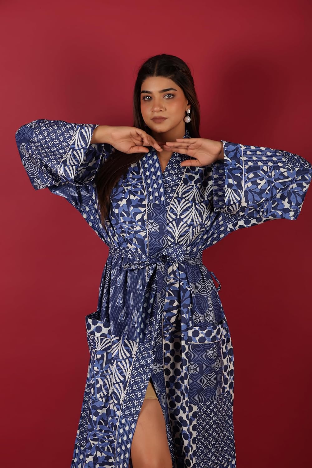 Cotton Kimono Robe for Women – Soft Lightweight Bohemian Hand Block Floral Printed Bathrobe with Belt, Loungewear, Spa & Resort Wear, Beach Cover Up, Comfortable Nightwear Dressing Gown - Blue - Image 3