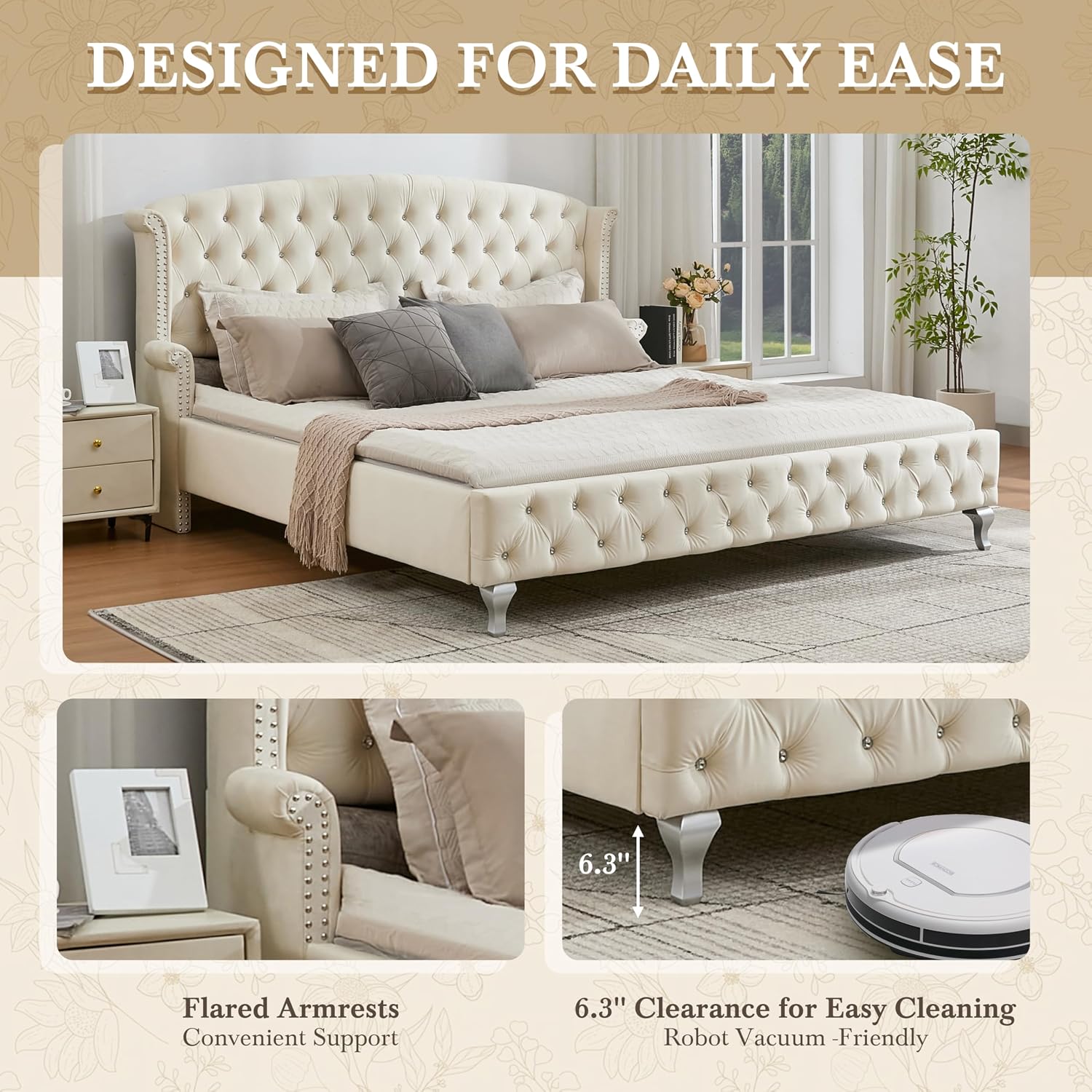Christopher Knight Home Averil Modern King Size Platform Bed Frame with Velvet Upholstered Headboard, Wooden King Size Bed Frame with Wingback Headboard, No Box Spring Needed, Easy Assembly, Cream