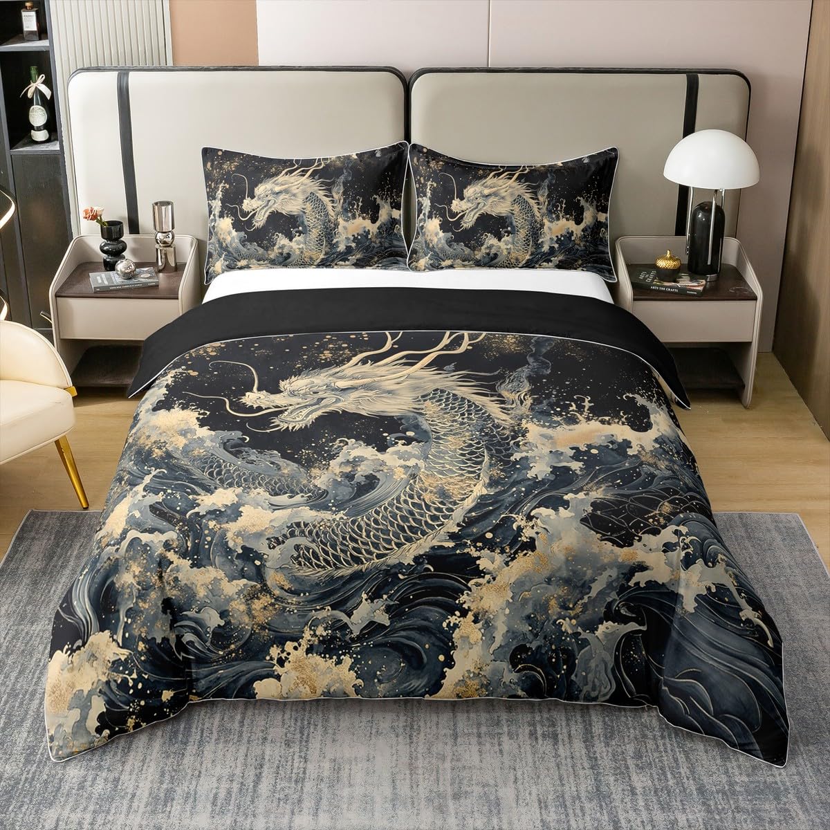 Drache 100% Baumwolle Bettbezug 155x220 für Kinder Jungen Teenager Japanischer Stil Drache Bettwäsche Set Traditinal Tier Dekorative Tröster Abdeckung Asiatischer Ozean Thema 3D Drucken Bett Set