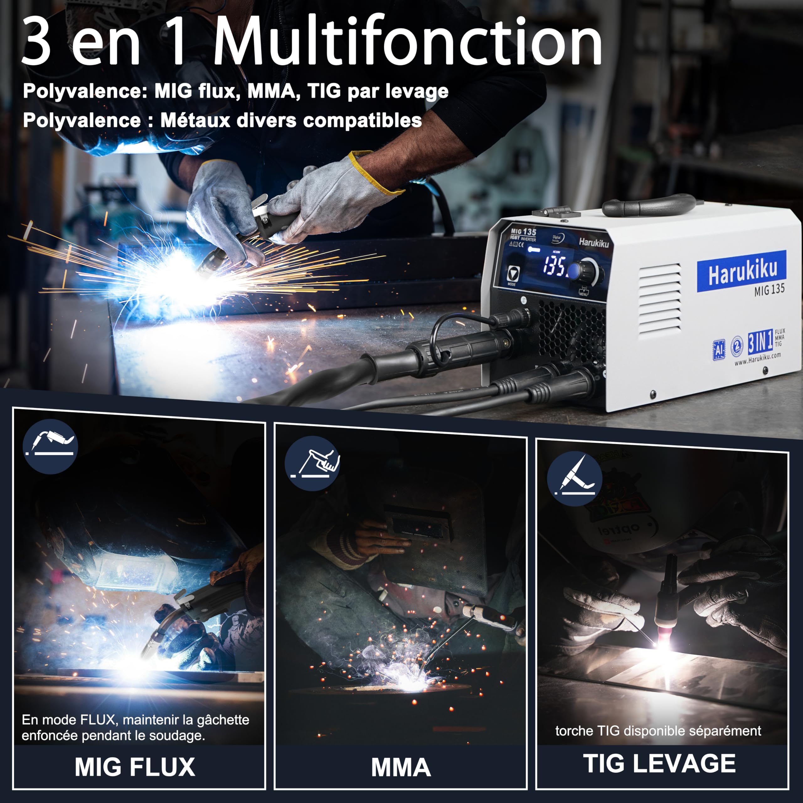 Harukiku135A Poste a Souder Fil Fourré Sans Gaz, Poste à Souder 3 en 1 (Flux MIG/ARC, MMA/Lift TIG), avec Avance Synchro du Fil & Poste à Souder Inverter IGBT Compact, pour DIY Maison & Professionnels