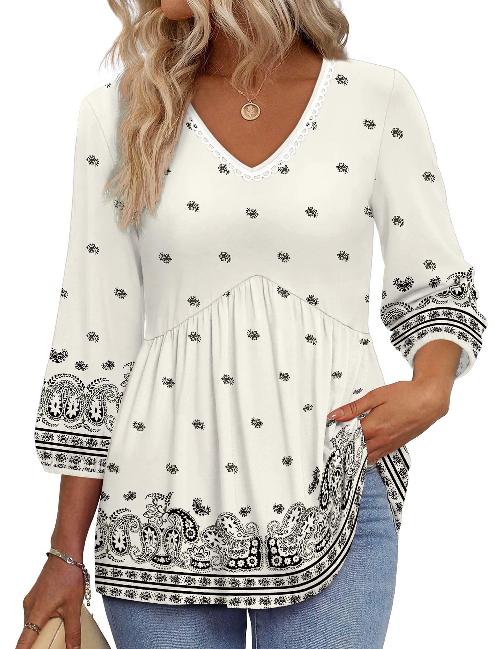 Photo 1 of *SMALL* OFEEFAN 3/4 Length Sleeve Womens Tops Boho Tops Fashion Clothing Beach Vacation Clothes Blouses for Women Dressy Casual Summer Cruise Outfits Western Outfits Boho White S