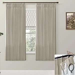 Boho Taupe Blackout Curtains for Bedroom 2 Panels Set,Pinch Pleated Linen Black Out Window Curtains 63 Inches Long