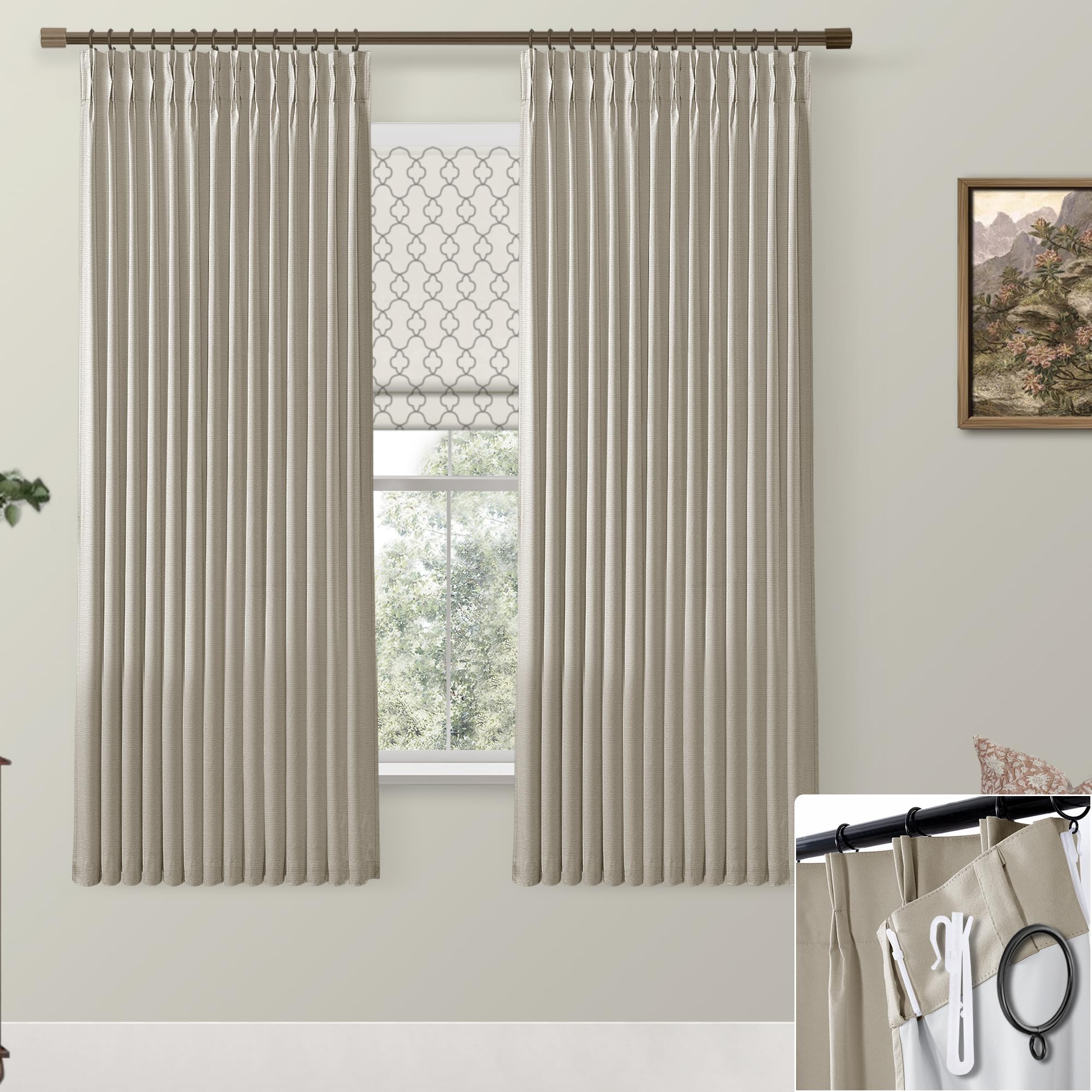 Boho Taupe Blackout Curtains for Bedroom 2 Panels Set,Pinch Pleated Linen Black Out Window Curtains 63 Inches Long