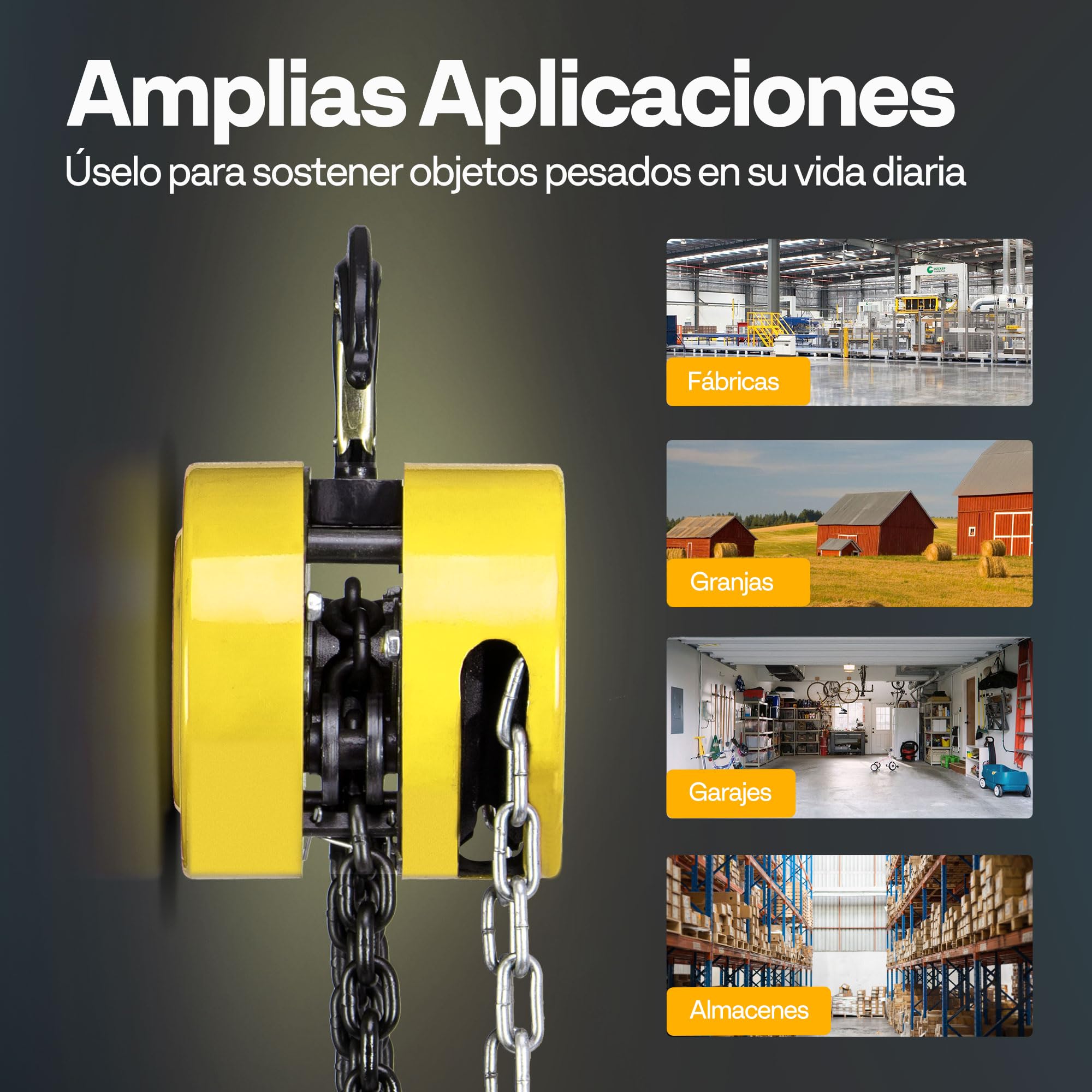 SPECSTAR Polipasto de Cadena Manual de 2000kg y Elevación de Carga 3m con 2 Ganchos Resistentes Polipasto de Cadena Manual para Almacén Construcción Maquinaria Automotriz Amarillo