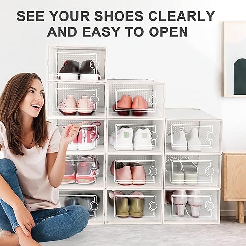 Miniatura 6 de Kuject Cajas de almacenamiento grandes para organizar zapatos para armario, paquete de 12 contenedores apilables de plástico transparente con tapas,