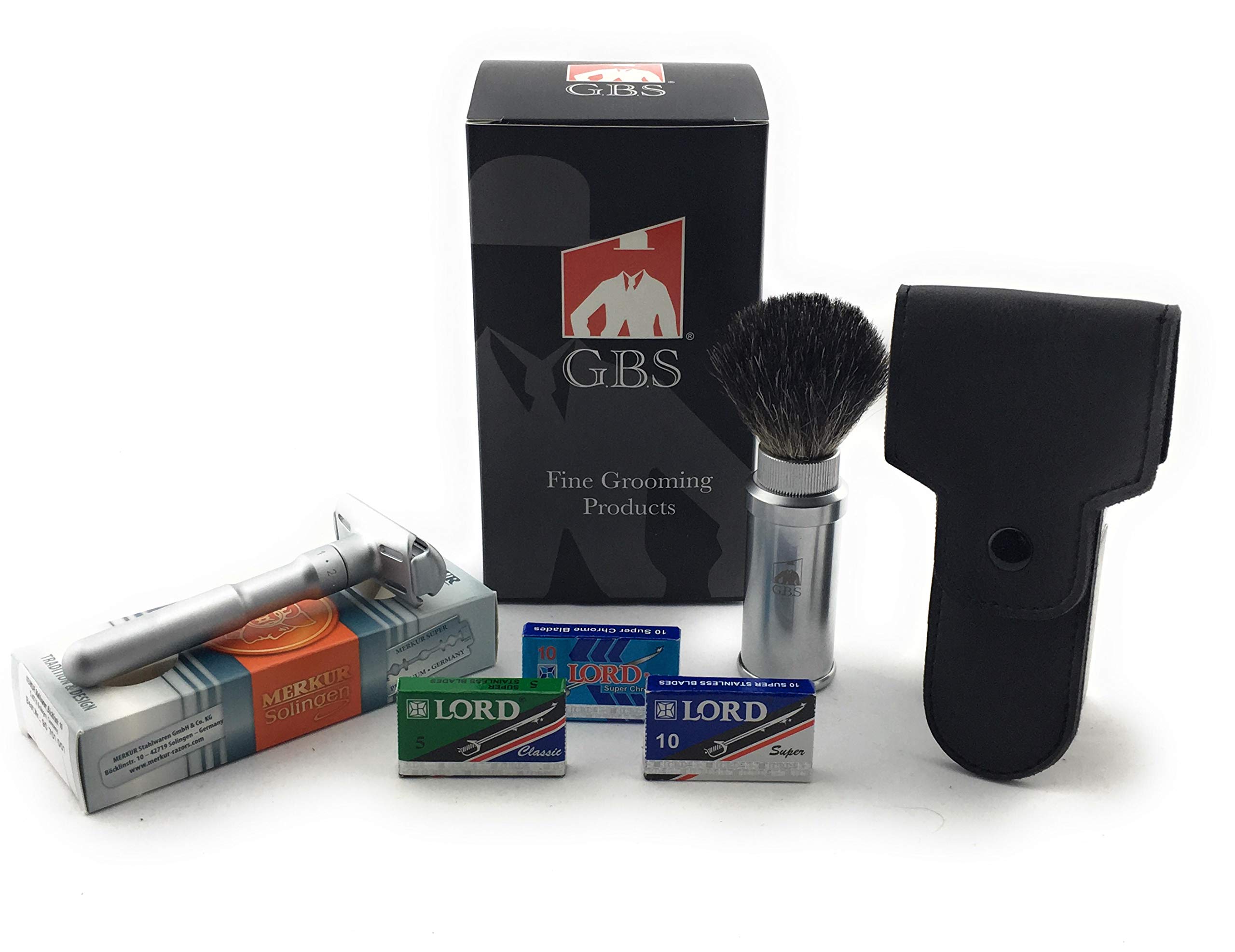 G.B.S Safety Razor, Matte Silver Finish Adjustable Tension and Friendly Shave Brush Badge Bristles Leather Protective Razor Blades