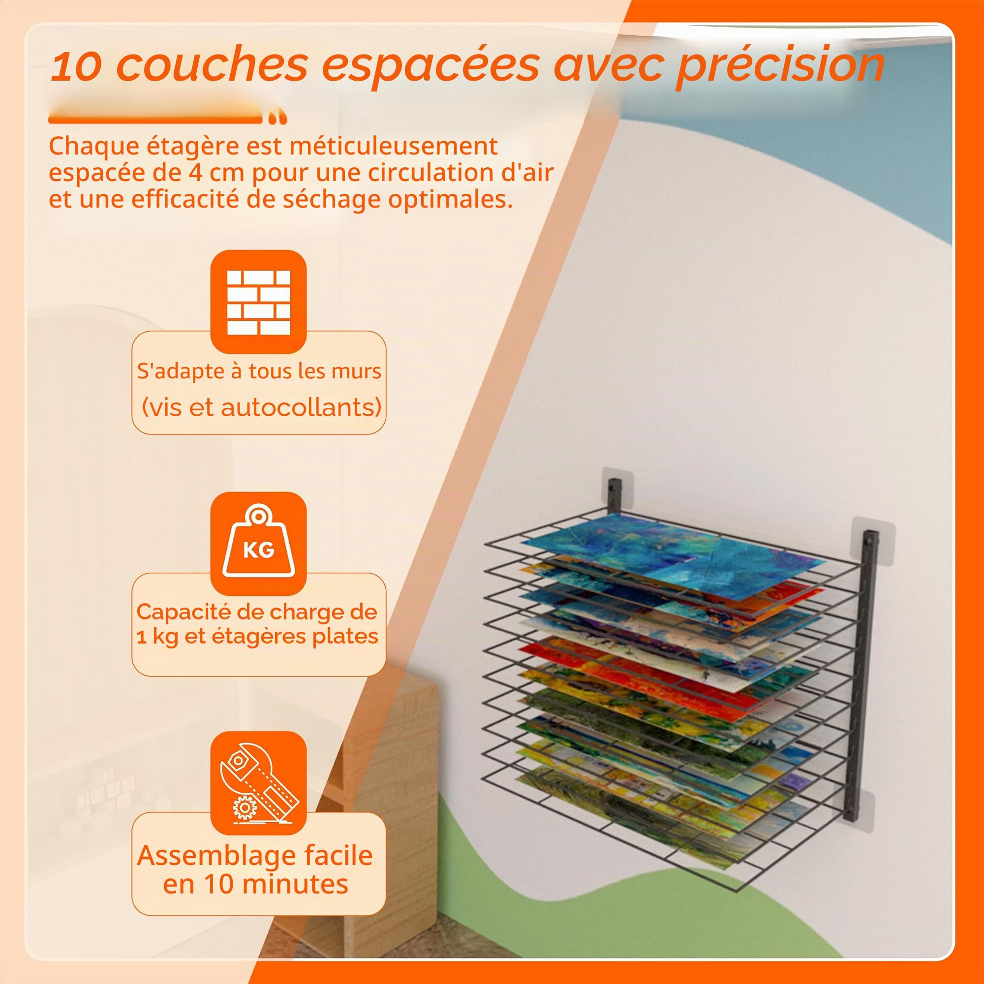 Étagère de séchage artistique, 10 étagères réglables, convient à tous les murs, support de séchage artistique pour salles de classe, studios et espaces créatifs