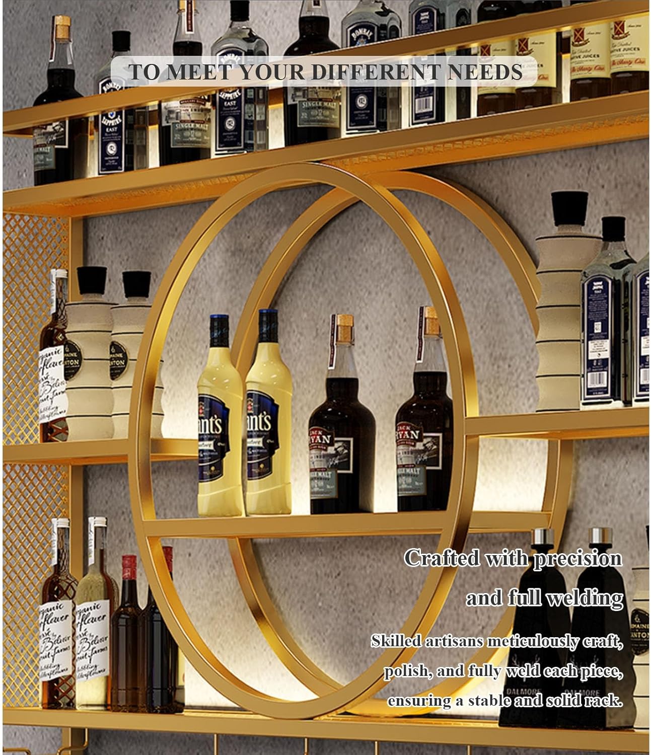 Modern Iron Wine Rack Wall Mounted with LED Light and Glass Holder Stylish Bar Shelves for Liquor Bottles Ideal for Kitchen or Living Room Decor Black 39.3in