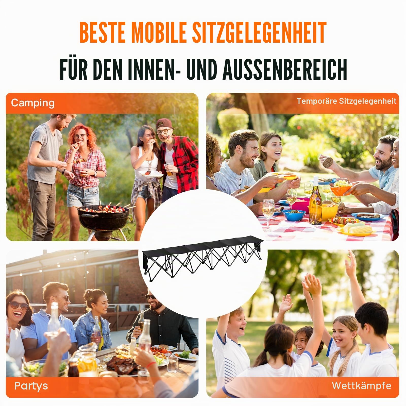 VEVOR Tragbare Klappbank, 6 Sitze, Faltbare Seitenbank, Outdoor-Campingbankstühle mit Tragetasche, Mannschaftssport-Seitenbank für Fußball, Camping, Angeln, kein Zusammenbau nötig