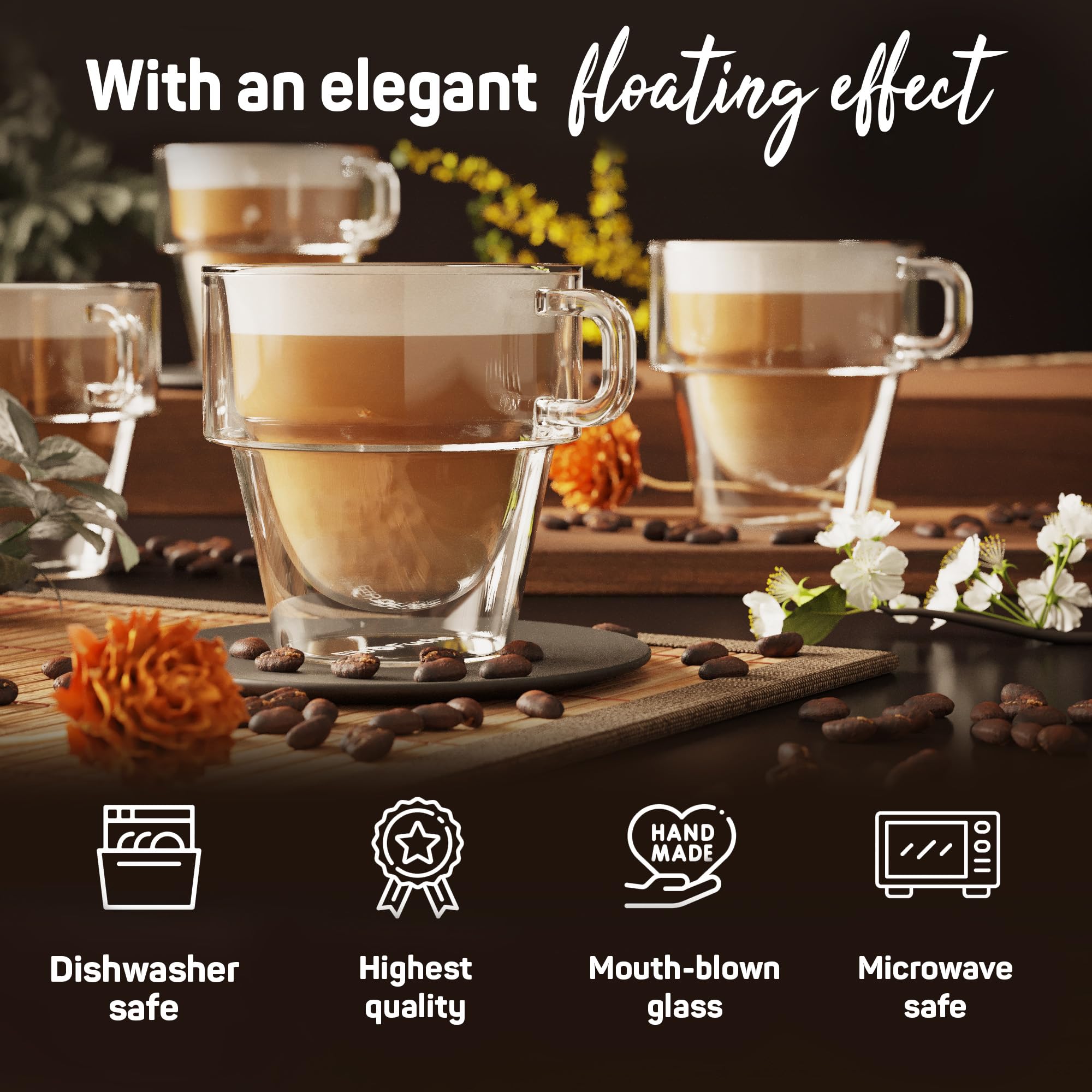 ElbFuchs® Zestaw szklanek do latte macchiato z podwójnymi ściankami [4x 350 ml] MOŻLIWOŚĆ SZTAPLOWANIA | szklanki termiczne | idealne do cappuccino, kawy i herbaty