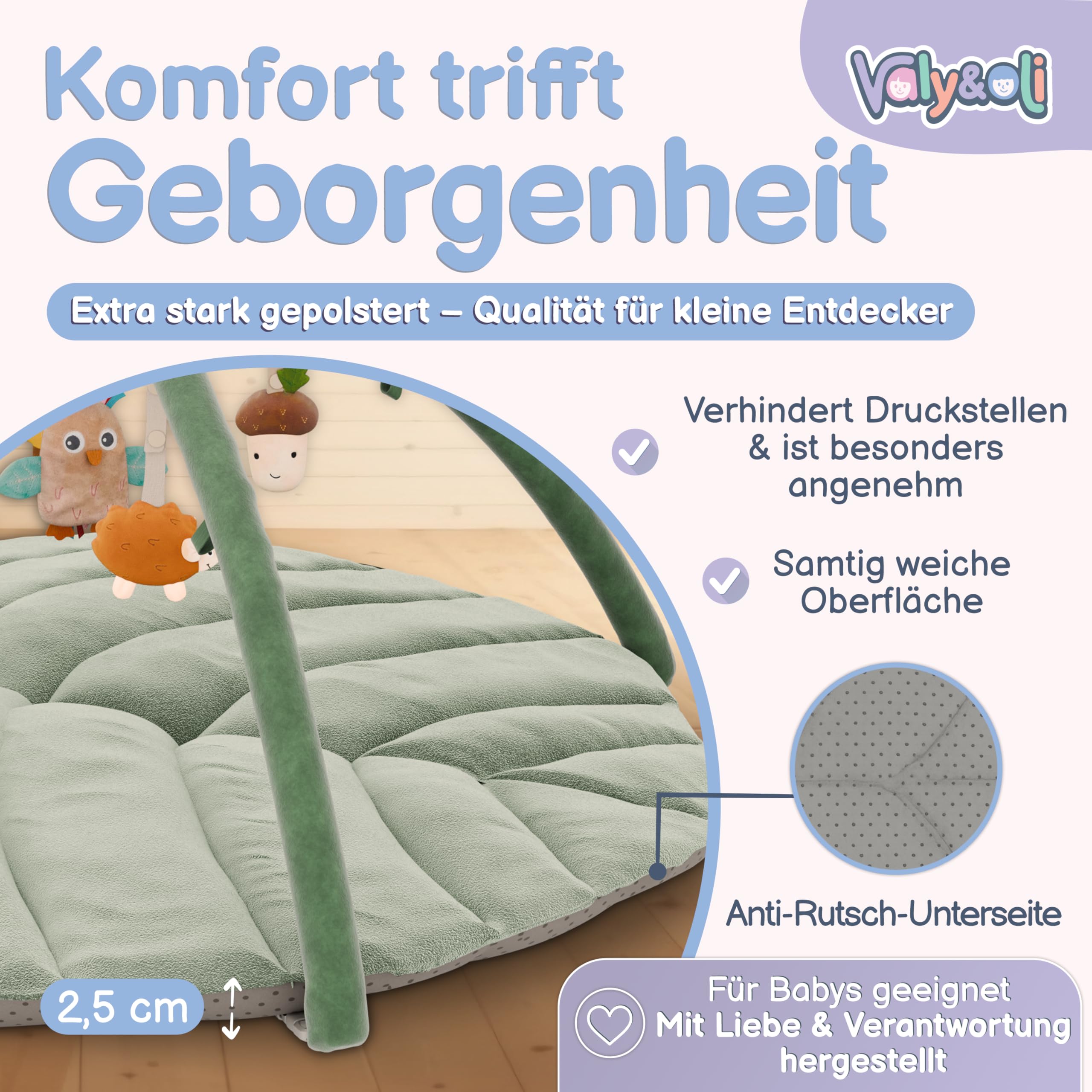 Valy&Oli® Spielbogen Baby XXL - Extra Weiche Spieldecke Baby inkl. 5 Höhenverstellbaren Sensorischen Spielzeugen - Spielebogen Babies zur Motorik & Sinnesförderung, Baby Play Mat & Baby Gym