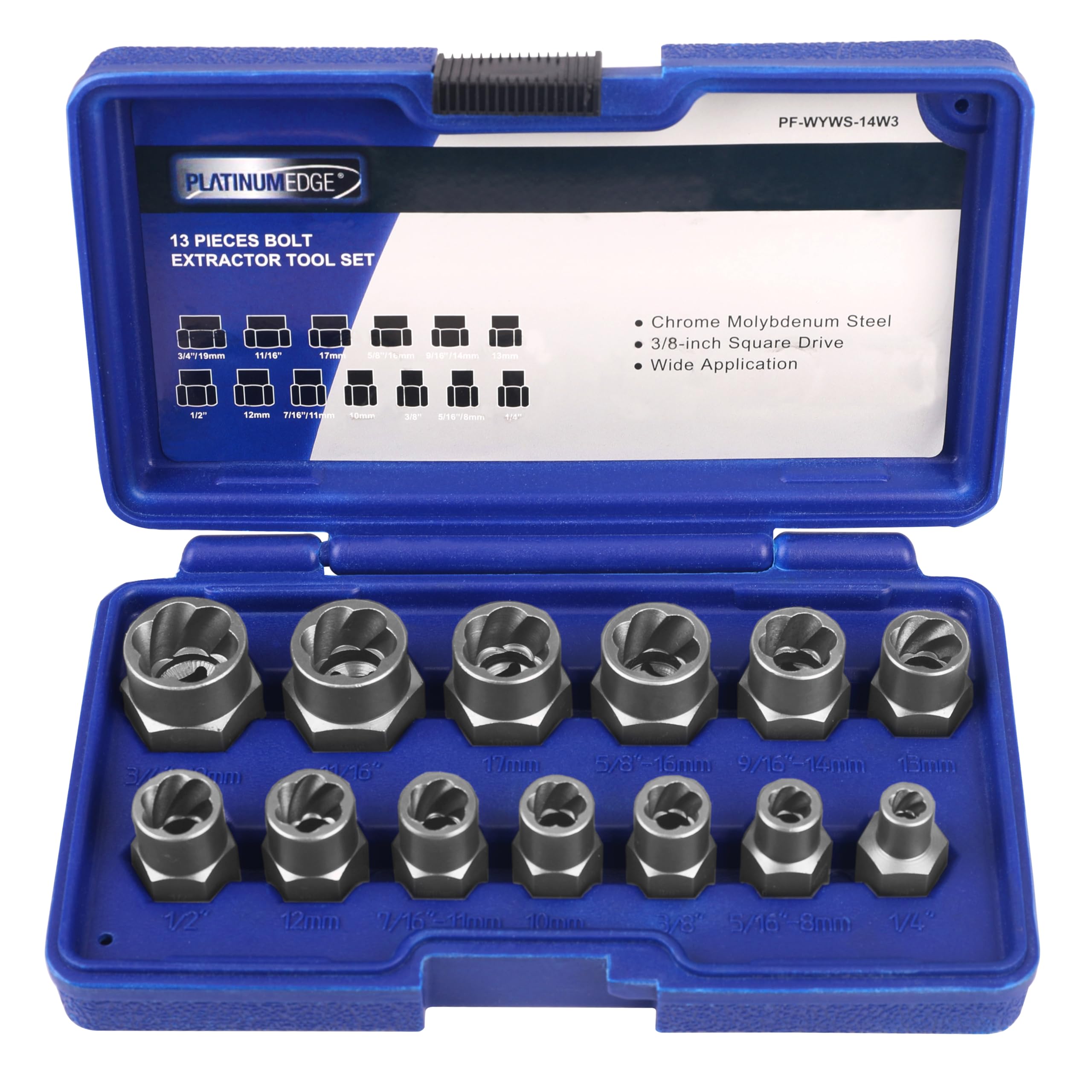 PLATINUMEDGE13 Pieces Impact Bolt & Nut Remover Set, Stripped Bolt Extractor Set, Cr-Mo Extraction Tool Set with Solid Storage Case, Easy Out Rusted Rounded Damaged Nuts and Bolts
