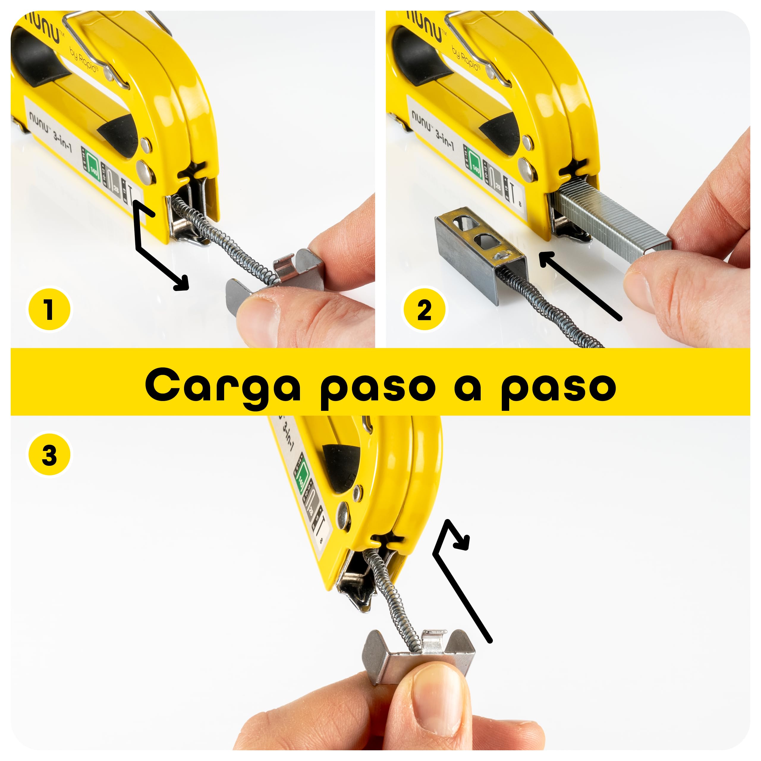 Rapid NUNU Grapadora Manual 3 en 1 para Madera con 3.000 Grapas y clavos. Grapadora Profesional para Tapicería, Paredes, Moquetas y Fijación de Cables, Potencia Ajustable, Diseño Ergonómico