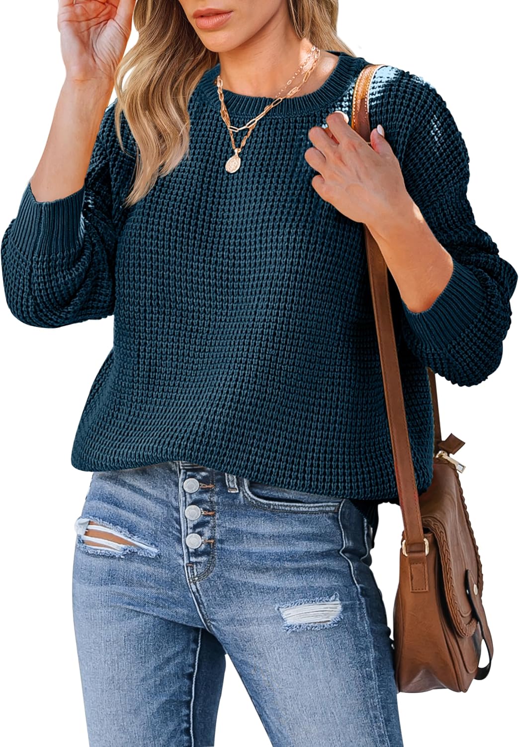 MEROKEETY Women's 2024 Long Sleeve Waffle Knit Sweater Crew Neck Solid Color Pullover Jumper Tops