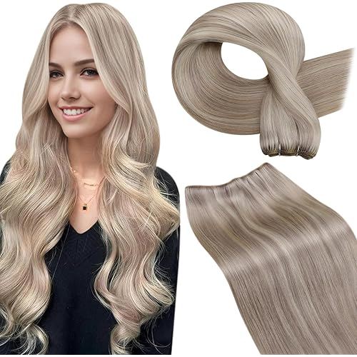 LaaVoo 20 Inch Sew in Hair Extensions Human Hair Blonde Highlights Double Weft Human Hair Extensions Dirty Blonde with Platinum Blonde Human Hair Extensions Weft Sew in Extensions Blonde 100g