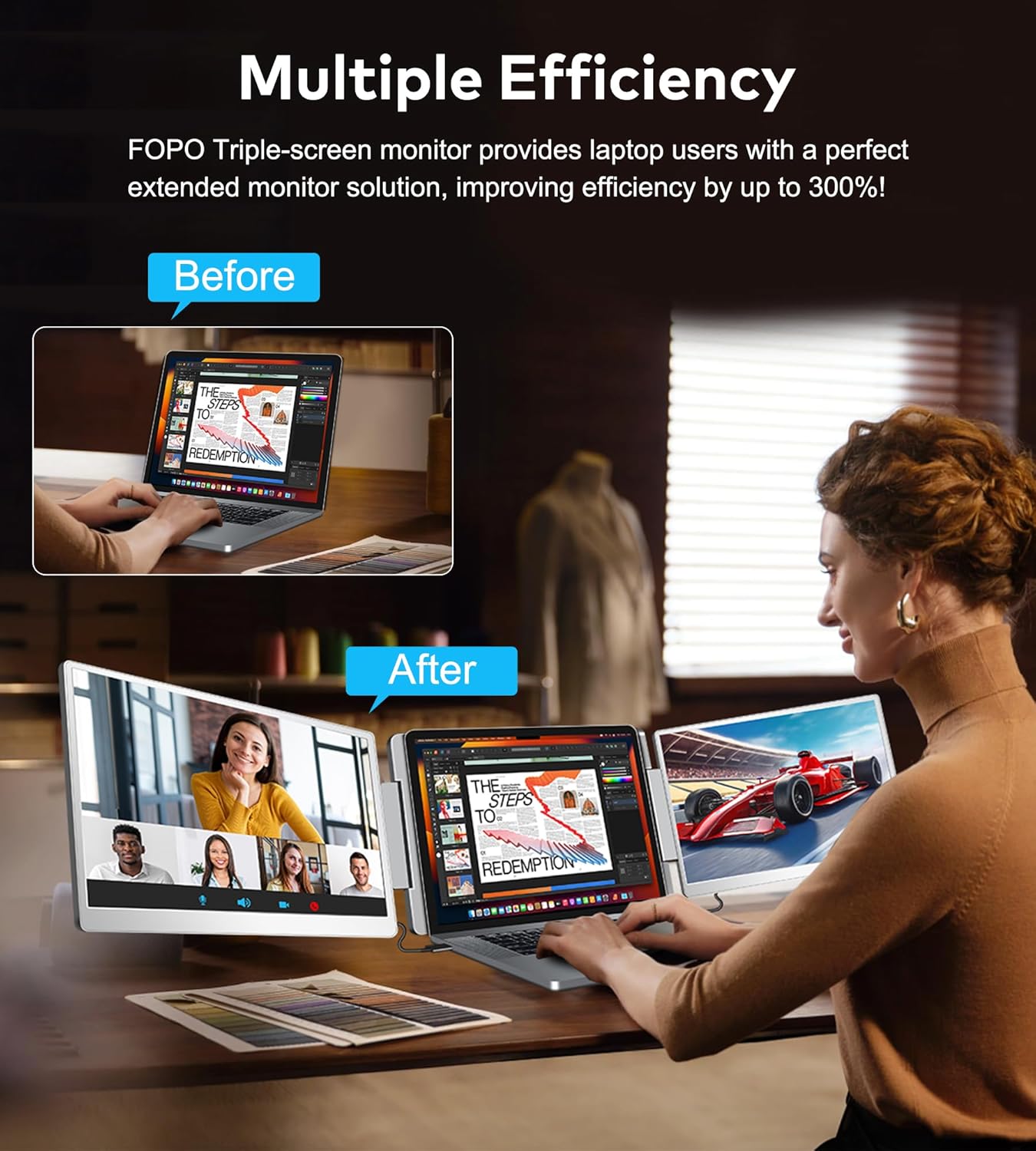 FOPO Laptop Screen Extender 16"- 1200P 16:10 FHD Triple Monitor for 12~18.5", Portable Monitor for Laptop with HDMI and USB-C Connectivity for MacBooks(NOT M1 M2 M3)/Wins, Chrome, Surface - Image 5