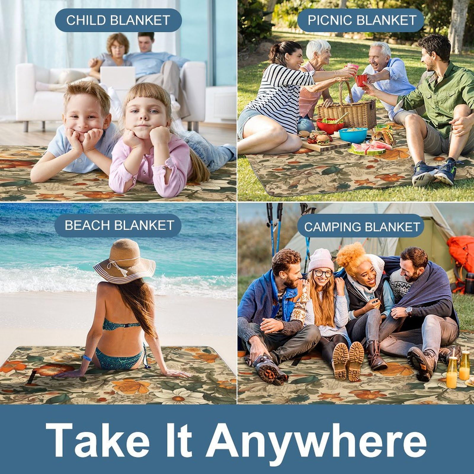 Coperta da picnic da spiaggia, motivo retrò stampato, coperta da picnic impermeabile, pieghevole, extra large, tappetino quadrato da picnic, per escursioni, viaggi, campeggio all'aperto, parchi