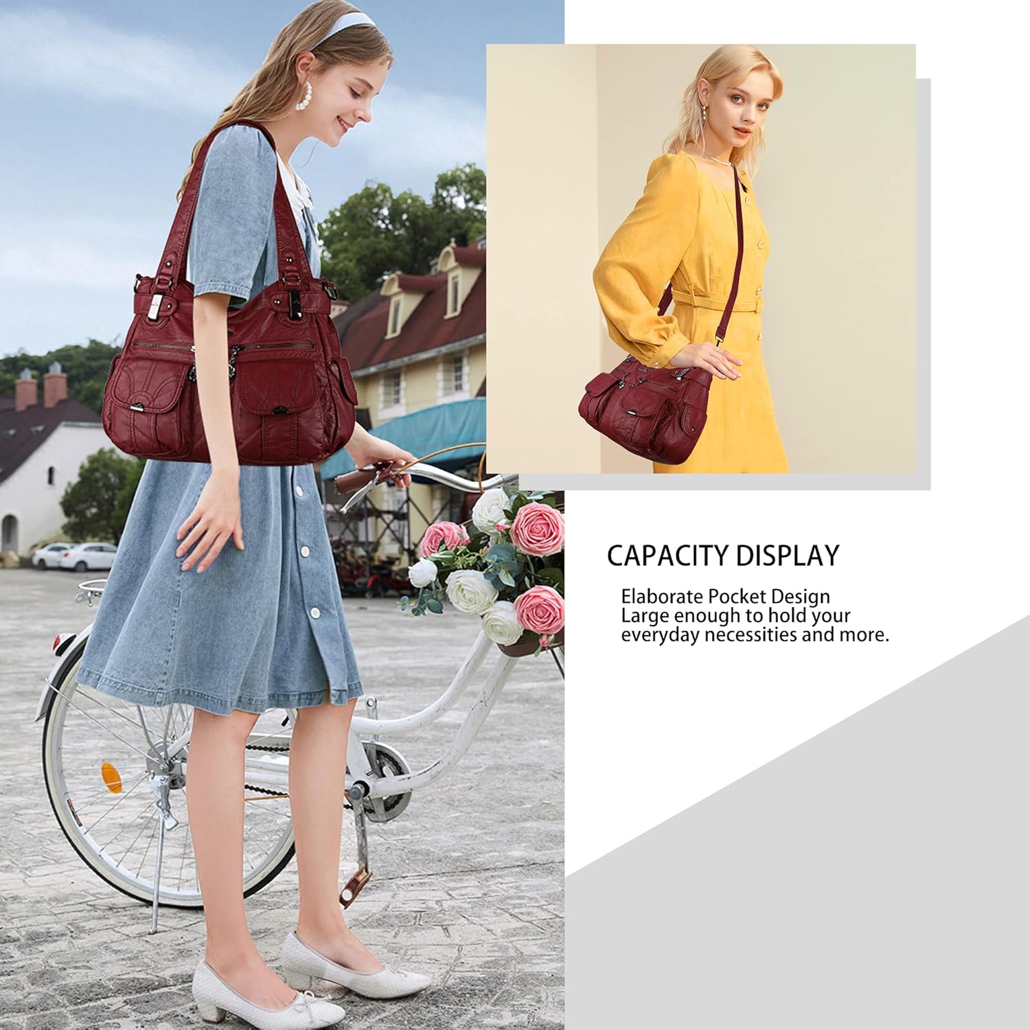 Angel Kiss Women's Designer Handbag Large Double Zipper Multi Pocket Washed Leather Purse - Image 6